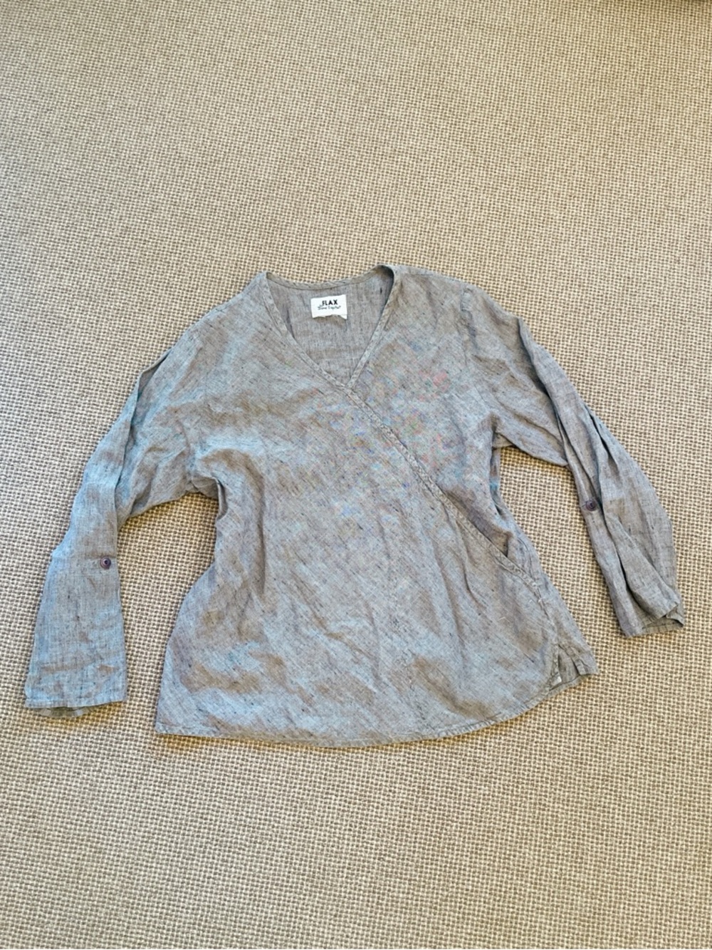 FLAX Jeanne Engelhart Lagenlook Women's Small Shirt 100% Linen Roll Up Sleeve